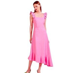 STAUD Pink Asymmetrical Ruffle Midi Dress Size 0 Square Neck